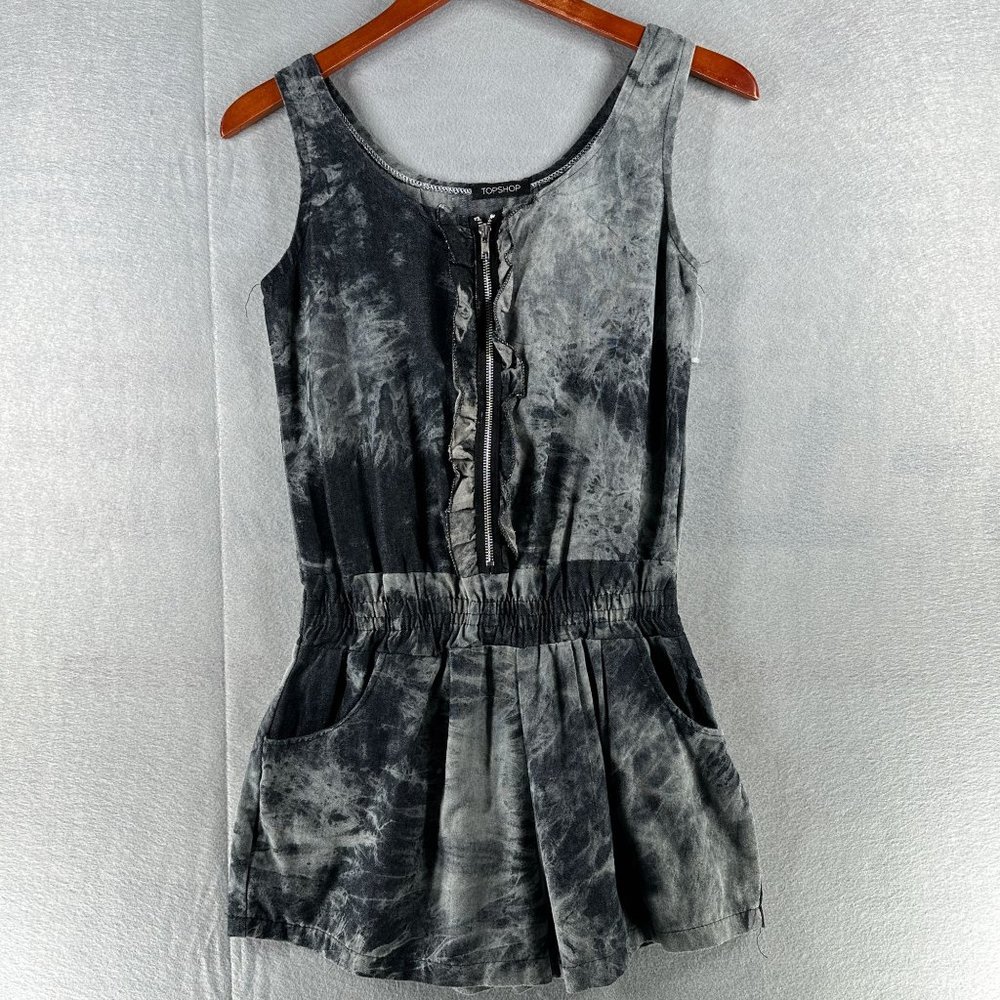 Topshop Womens Romper Small Black Sleeveless Stonewash Casual Zipper Beach